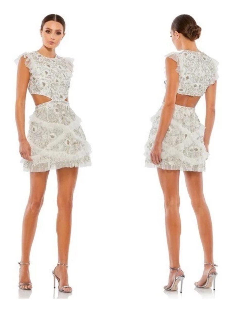 NWT Mac Duggal Embellished Jewel Neck Tulle Ruffle Mini Dress In Ivory Size 10